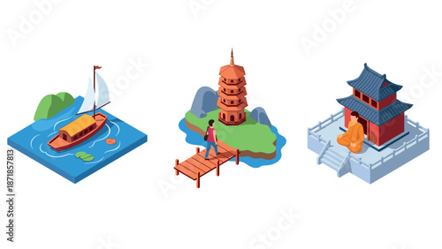 Isometric asian landmarks with pagoda, boat, and zen monk in tranquil scenery