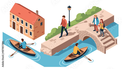 Isometric town scene with rowboats, bridge, and people in lively urban setting