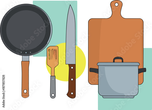Set of kitchen utensils and cookware, flat vector illustration of frying pan cooking pot chef knife spatula and wooden cutting board
