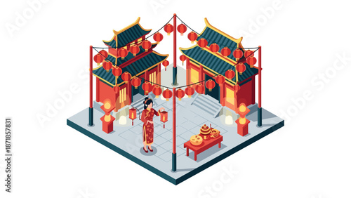 Isometric lantern festival scene with traditional architecture and decor