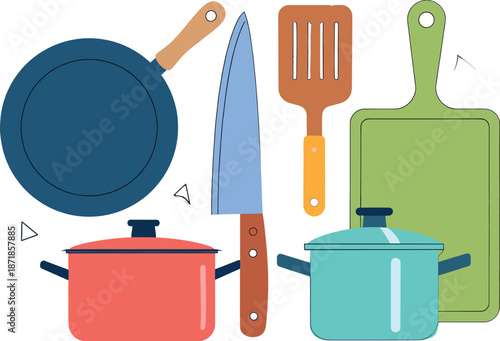 Set of kitchen utensils and cookware, flat vector illustration of frying pan cooking pots kitchen knife spatula and cutting board