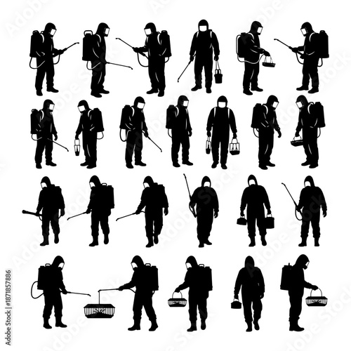 silhouettes of pest control workers in hazmat suits with spray tanks and traps. Bold solid black