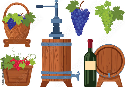 Set of winemaking equipment and grapes, flat vector illustration of wine barrels bottle of wine baskets with red and blue grapes and manual press