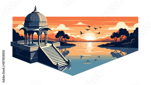 Serene lakeside pavilion at sunset with birds and reflections