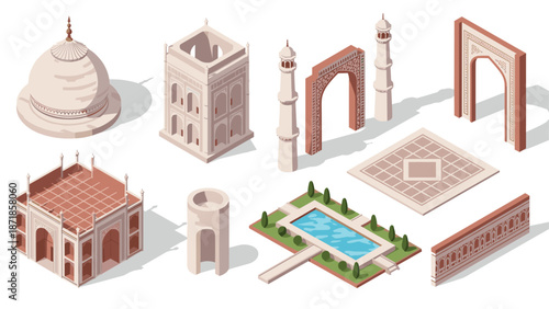 Isometric architectural landmarks: dome, minaret, arched gateway, pavilion, fountain, terraces