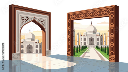 Historic taj mahal through ornate arches: architectural beauty in flat style
