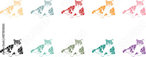 Dot art cats lying down on white background, Mosaic resting feline silhouettes
