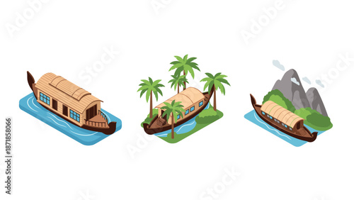Isometric houseboats with tropical palms and mountains