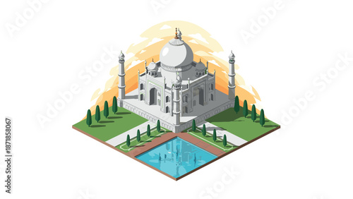 Isometric view of taj mahal with surrounding garden and pool