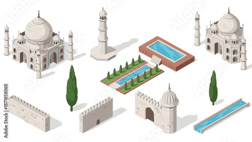 Isometric taj mahal landmark set with gardens and architectural elements
