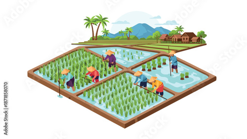 Isometric rice field farming with farmers in traditional hats working under the sun