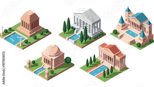 Isometric landmarks collection with classic european architecture and green landscapes