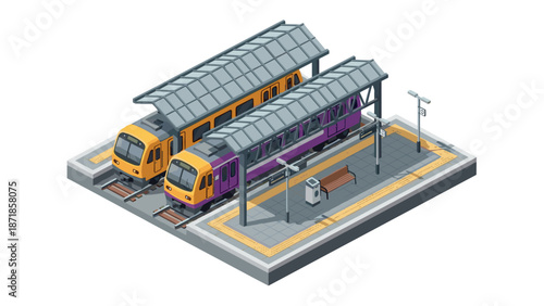 Modern isometric train station with passenger trains on tracks