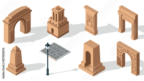 Isometric ancient architecture elements with decorative arches and pillars
