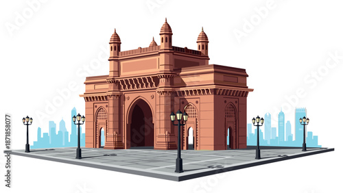 Iconic monument with cityscape background in flat design