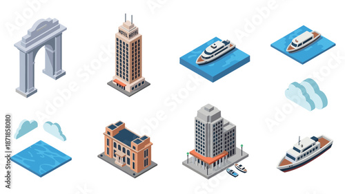 Isometric urban travel: hotel, monument, yachts, clouds, ocean