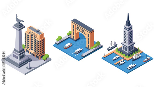 Isometric cityscape with hotels and waterways