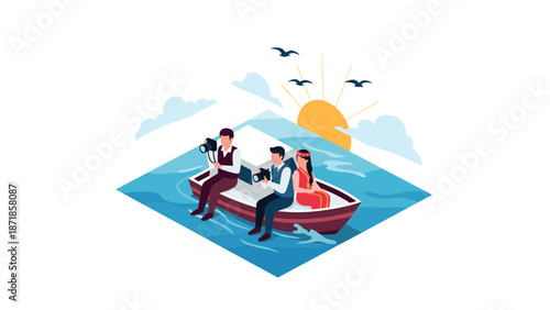 Flat design adventure: photographers capturing scenic journey in a boat