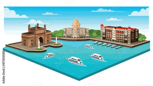 Scenic isometric view of iconic mumbai landmark with boats and historic buildings