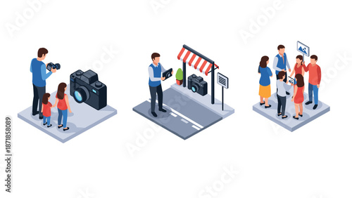 Family photography concept: isometric scenes of capturing memories with cameras