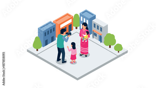 Family photography session in urban park isometric design