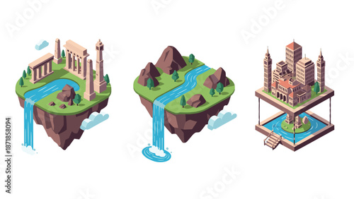 Floating islands with ancient ruins, waterfalls, and modern cityscape in isometric design