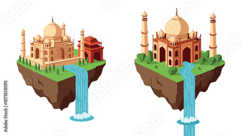 Floating taj mahal: isometric icons of india's architectural marvel with waterfall