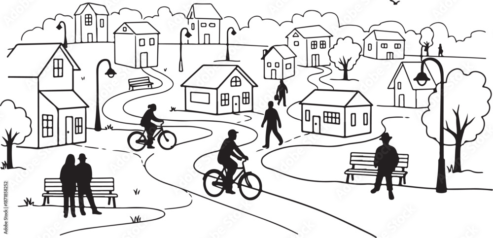 Naklejka premium Black and white illustration of a neighborhood scene