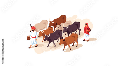 Isometric rural scene with people and cattle in traditional attire