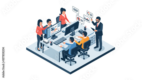 Collaborative team in modern office workspace analyzing data and strategies