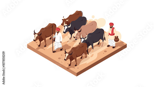 Isometric farmers with cows on dirt path - rural agricultural scene with herd