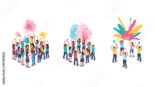Celebratory crowd tossing colorful powder in joyful isometric scenes on white background