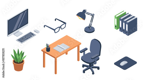 Isometric office workspace with desk, chair, computer, and office supplies