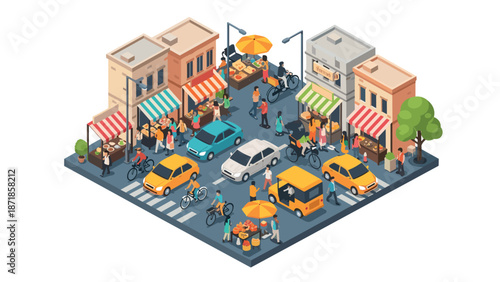 Vibrant cityscape with market and traffic in isometric illustration style