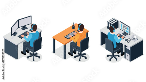 Isometric office workers at desks with computers and headsets