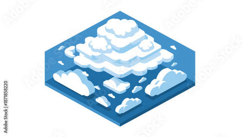 Isometric blue cloud layers on hexagonal base with shadows