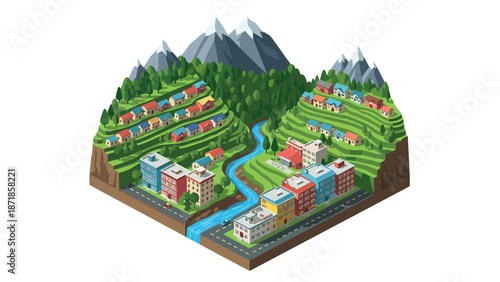 Isometric mountain landscape with river and houses in a peaceful valley