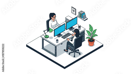 Isometric office scene: professionals collaborating at desk with dual monitors