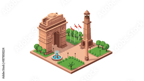 Isometric india gate with park and monument on white background