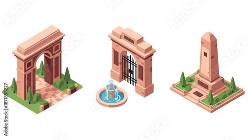 Isometric stone monuments: archway, fountain, obelisk in pastel colors