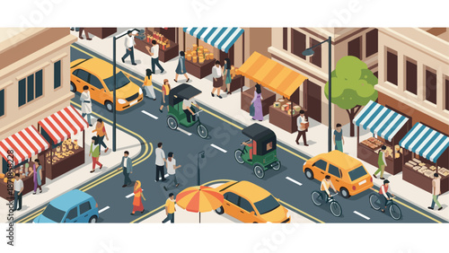 Busy urban street scene with cars, bikes, and pedestrians in isometric style