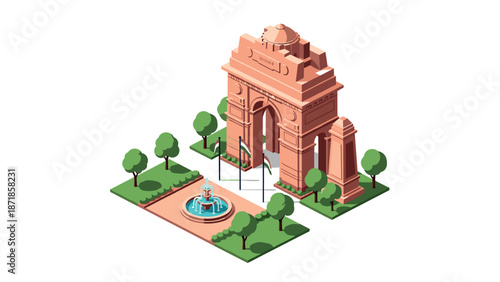 Isometric monument with trees and fountain in 3d design