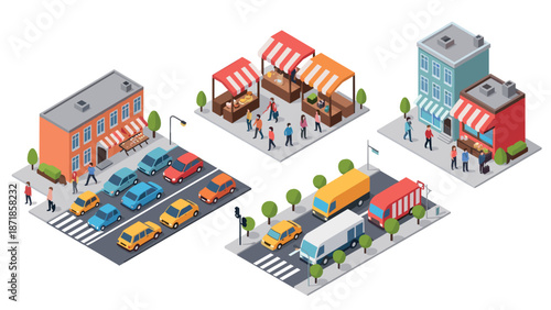 Isometric urban street scene with buildings, market stalls, and vehicles