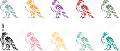 Dot art bird silhouettes in colorful rows, Mosaic bird shapes in vibrant tones