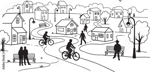 Black and white illustration of a neighborhood scene