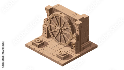 Ancient wheel sculpture in isometric perspective with intricate details