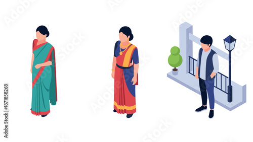 Isometric figures in traditional and modern attire with urban background