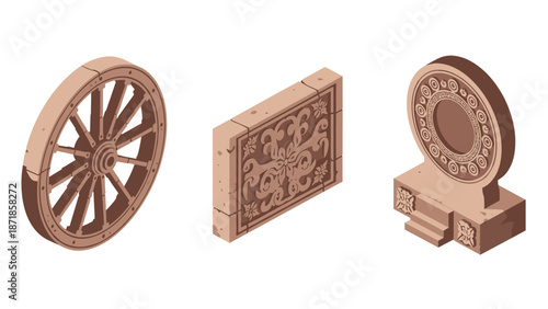 Ancient architectural elements in isometric style brick texture