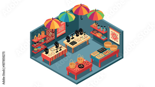 Colorful market scene with handicrafts and jewelry display under umbrellas