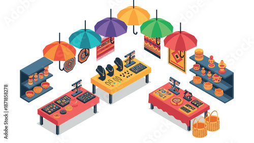 Colorful market stall with jewelry and handicrafts under umbrellas in isometric perspective